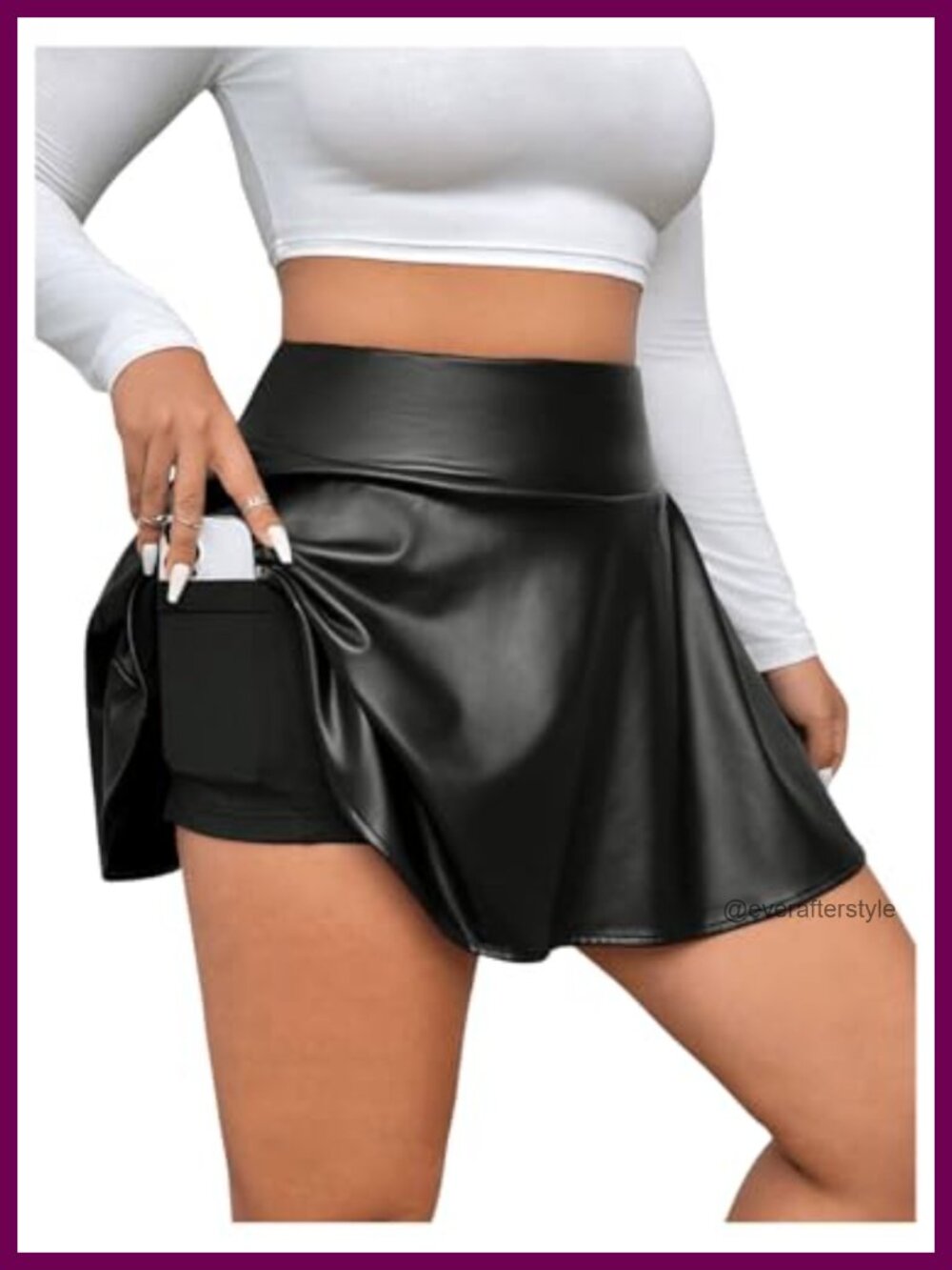 Faux Leather Mini Skort with Built-In Shorts High Waist Ruffle Hem Pleated
